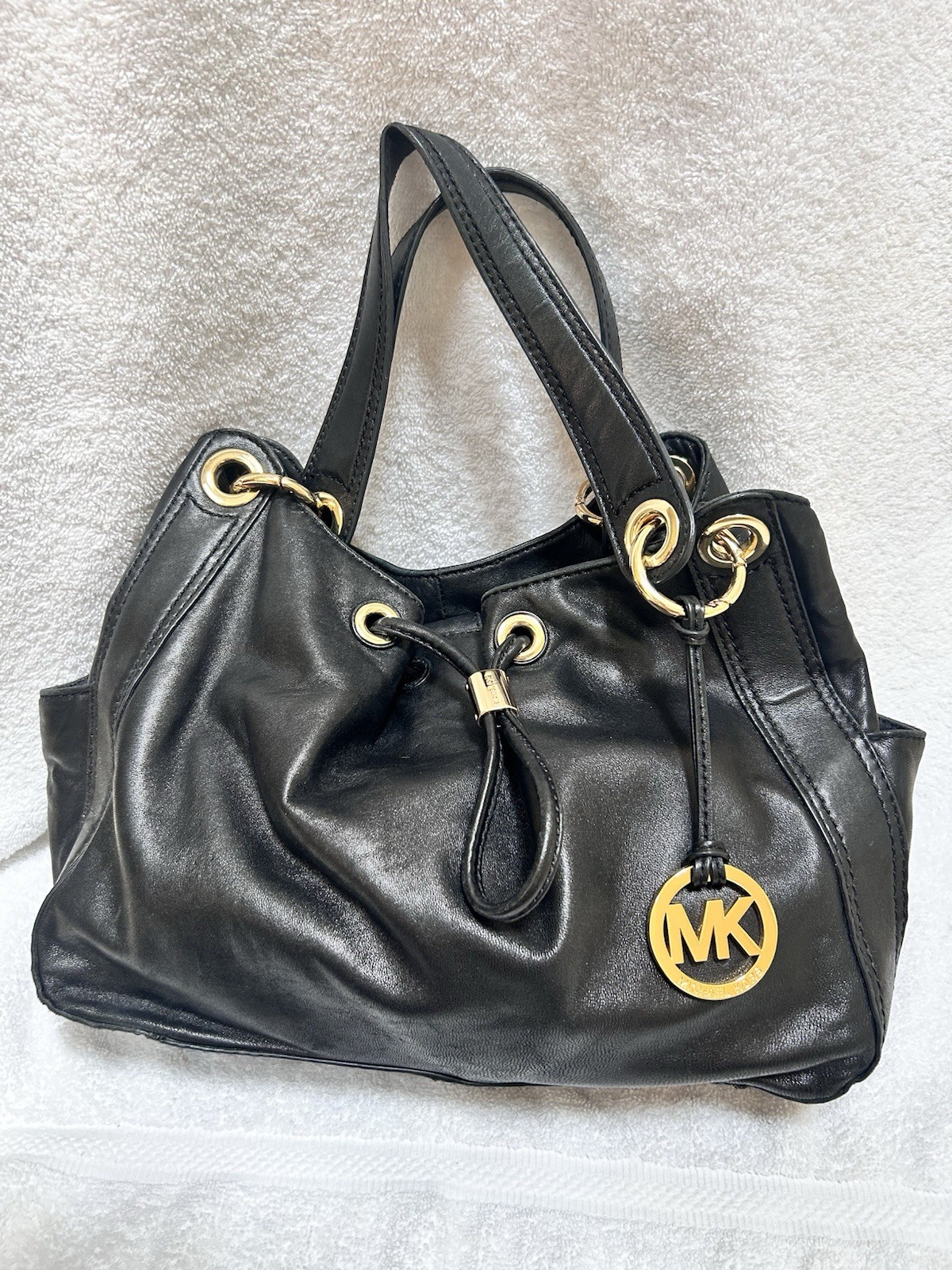Michael Kors Black ,Soft Cow Leather, Large Shoulder Bag w/ Gold Colors Rings
