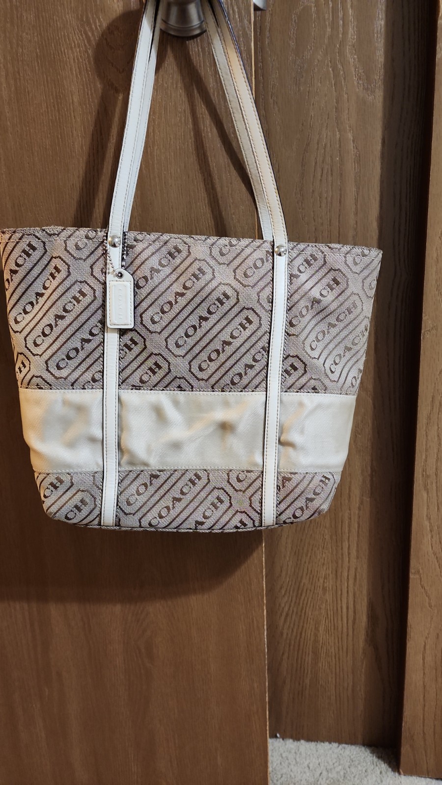 Coach Signature Lozenge Tote/Shoulder Bag in khaki /Off-white with leather trim