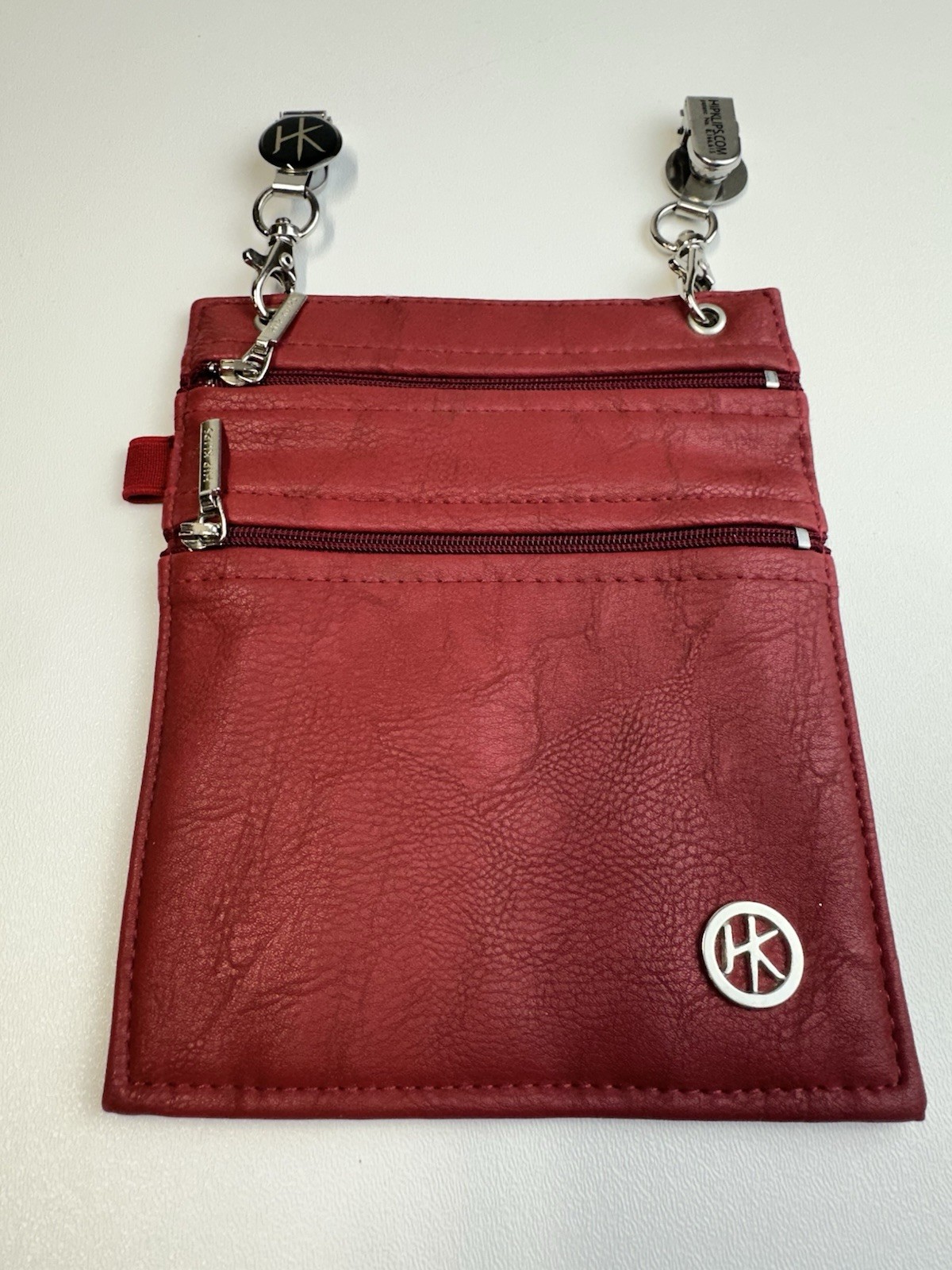 HIP KLIPS Bag Clip-On Waist Pocket Red Faux Leather Zippers Vegan Logo