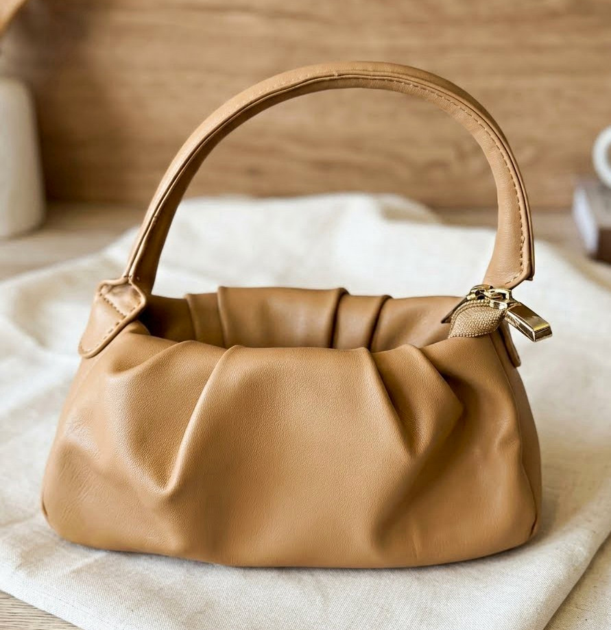 Beige Pleated Top Handle Bag Zip Closure Solid Rectangle Gold Hardware Women’s