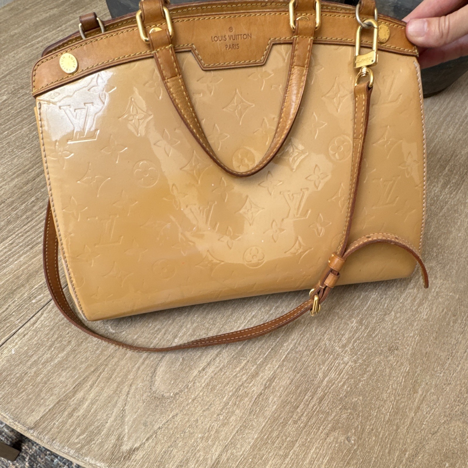 Louis Vuitton Vernis Brea MM Patent Monogram Beige Satchel, Detachable Strap