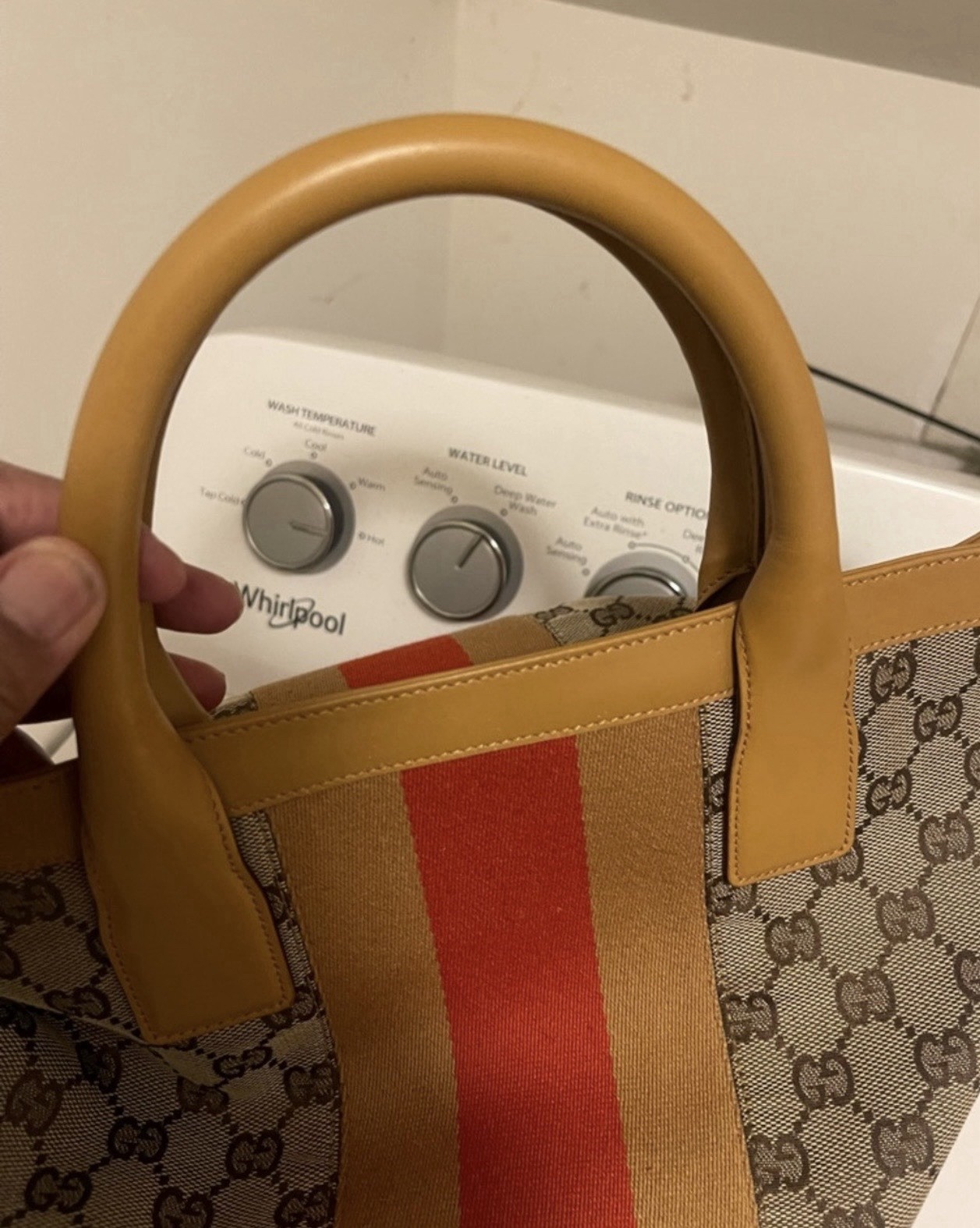 Gucci GG Pattern Tote Bag Beige Brown Red Stripe Top Handle Inner Pockets