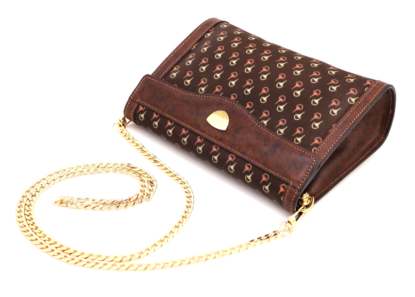 GUCCI VINTAGE Horsebit Chain Strap Shoulder Bag Flap Canvas Brown Authentic