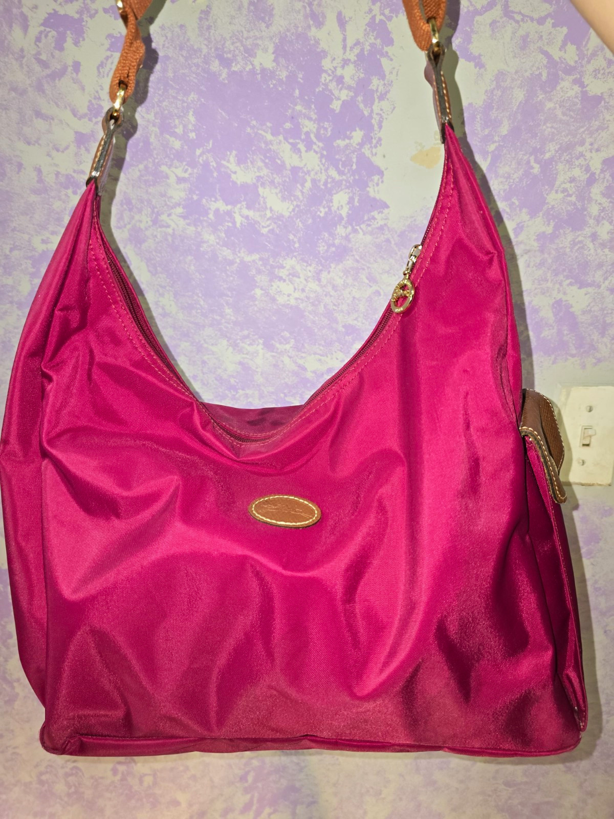 Pink Solid Shoulder Bag Zip Closure Gold Hardware Brown Leather Strap
