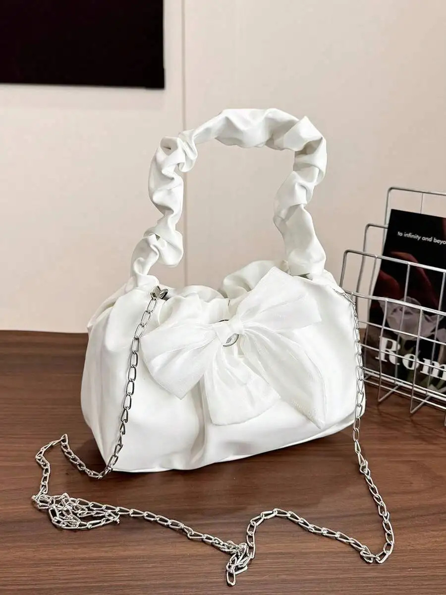 Women’s Bow Pleated Chain Shoulder Bag Elegant Fashion Purse Beach Handbag