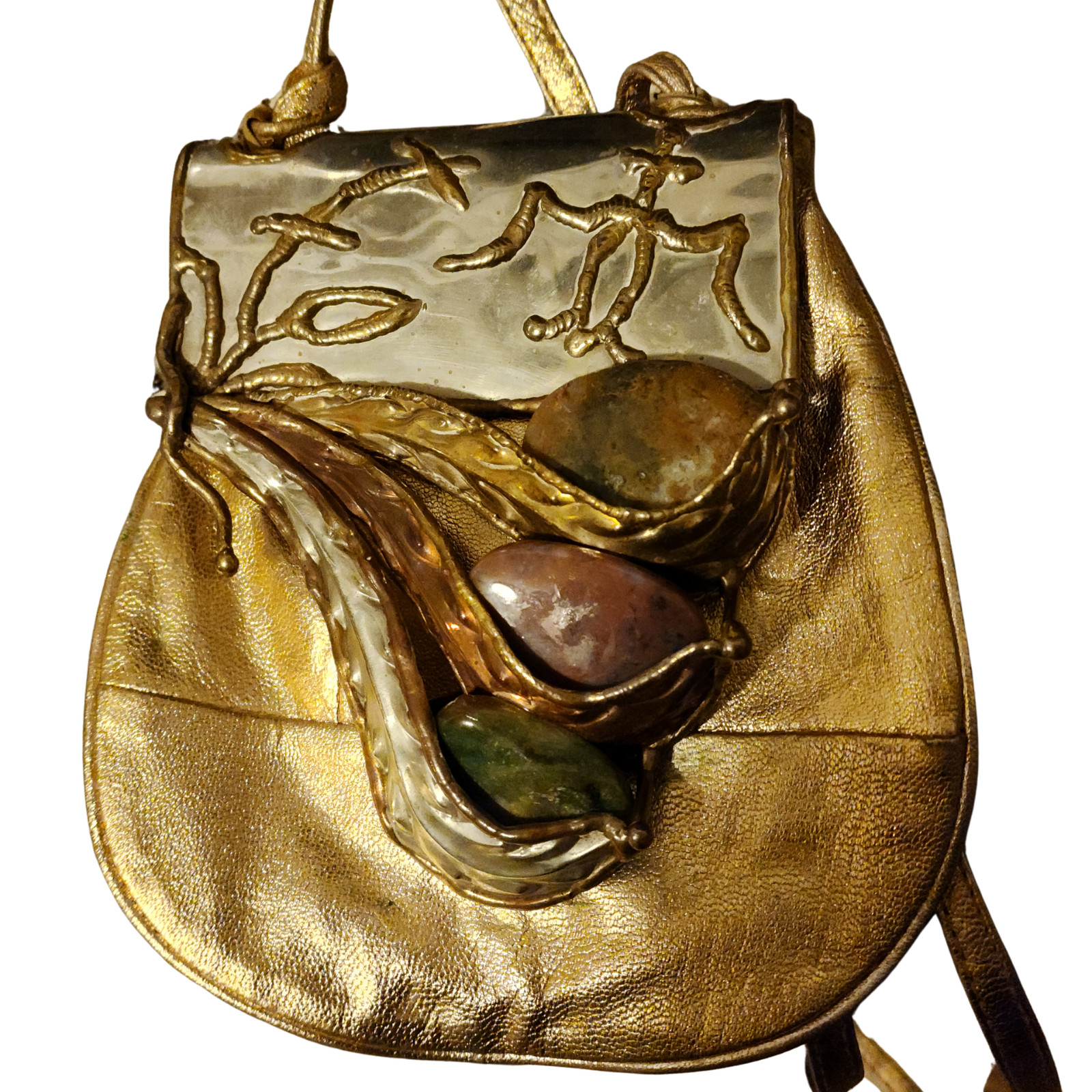 Vintage Brutalist Metallic Gold Leather Mixed Metal Stone Crossbody Handbag