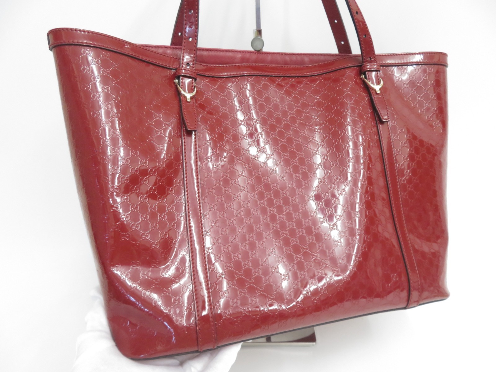 Authentic Gucci Micro GG Patent Leather Tote Hand Bag I#48436