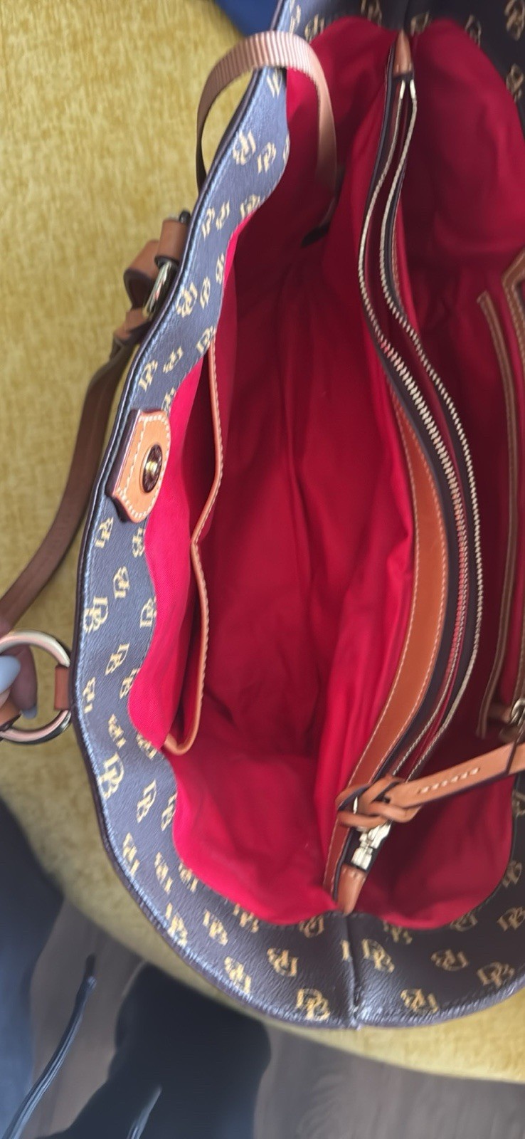 Dooney & Bourke Monogram Logo Large Tote Brown Red Lining Magnetic Dust Bag