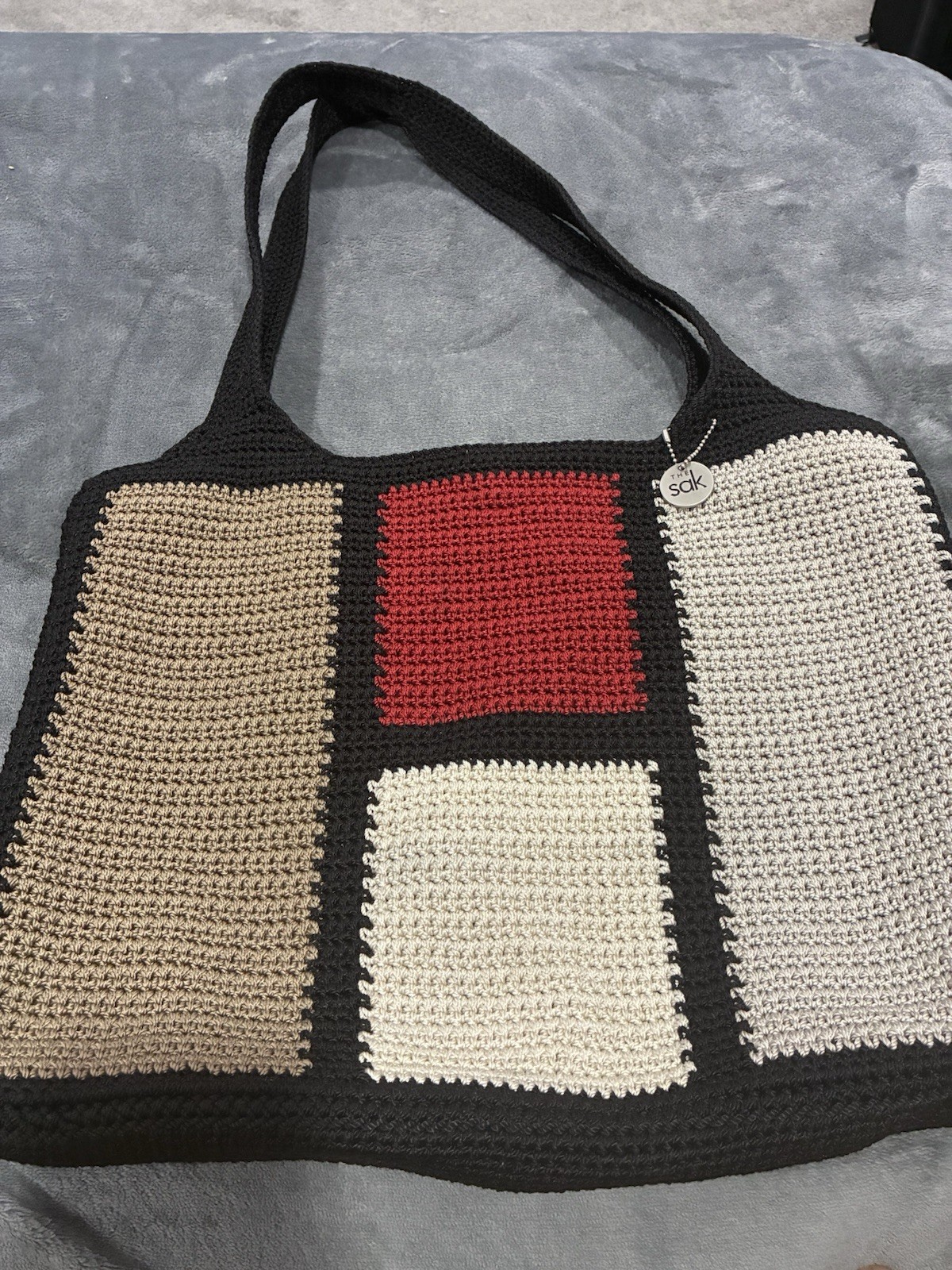 The Sak Colorblock Tote Bag Black Gray Beige Red Cream Lined Pockets Charm