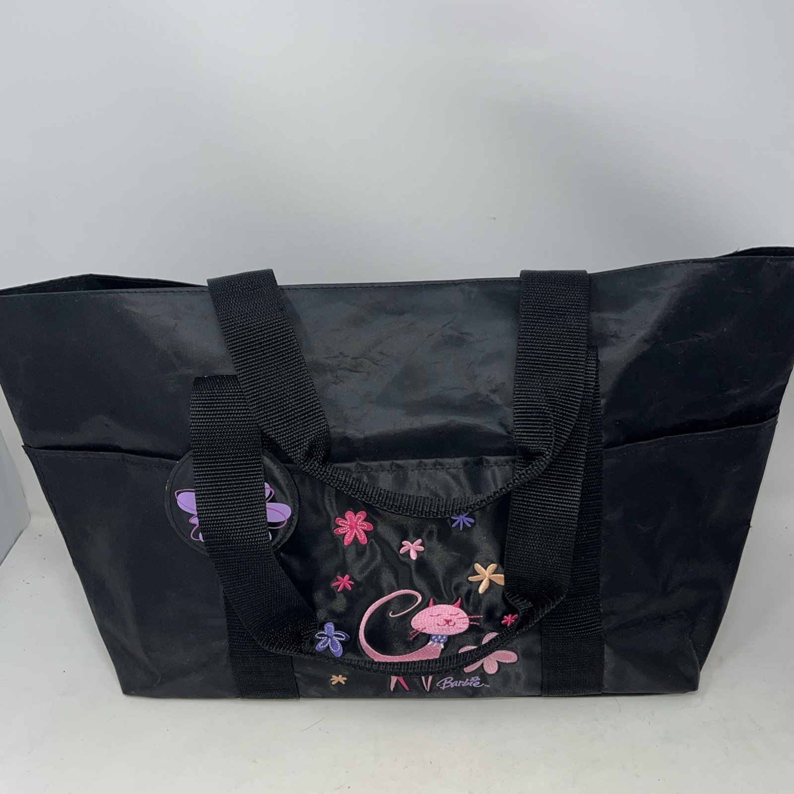 BARBIE Pink Kitty Cat Hallmark Tote Bag Black Nylon Zip Logo Charm Web Handles