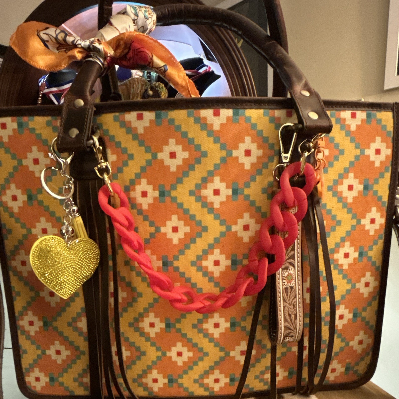 Women’s Western Geometric Tote Zip, Studded, Pockets, Strap, Charm