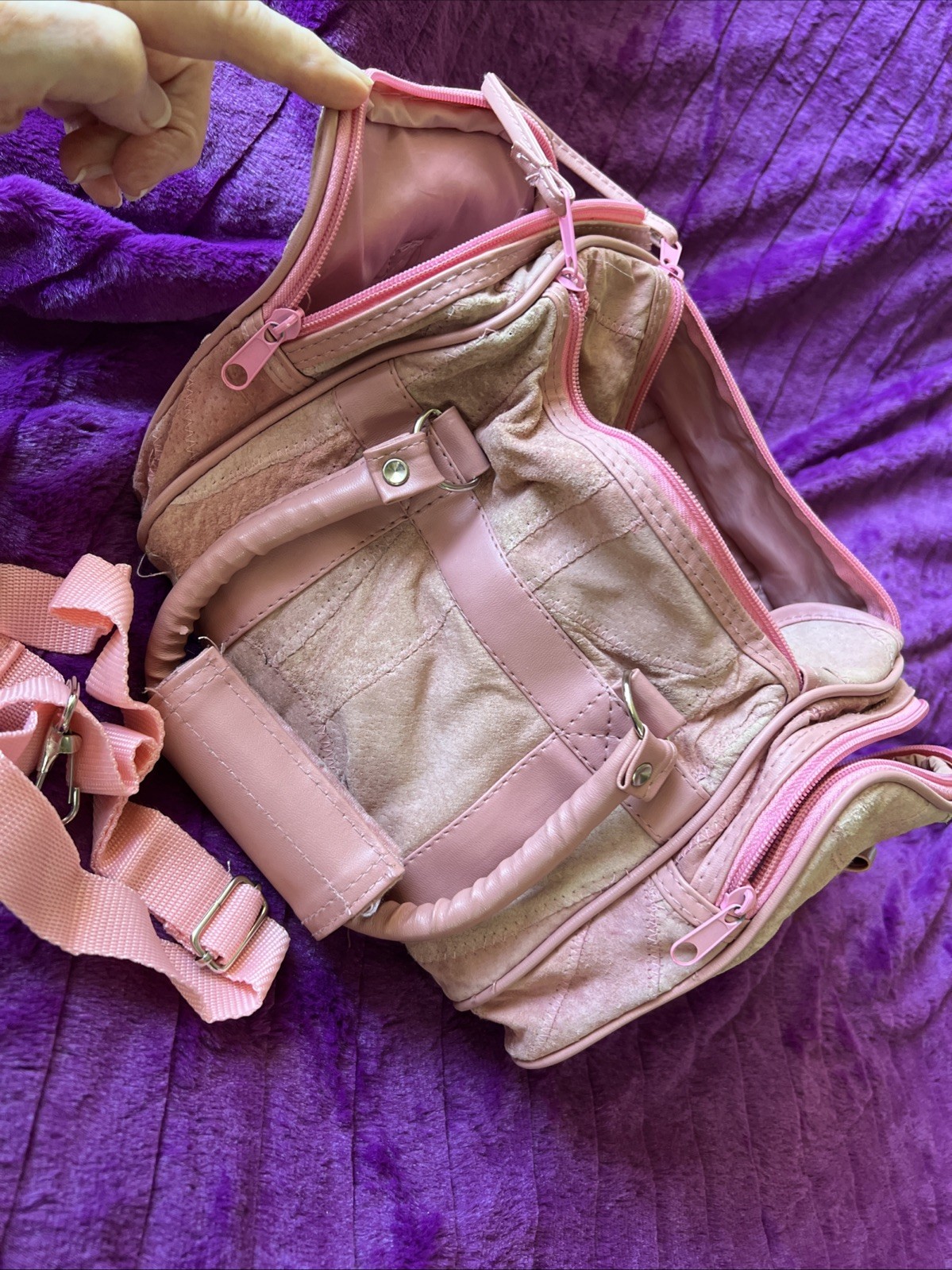 Suede Handbag W Detachable Shoulder Strap, 3 Zip Pockets+doublezip Top Access