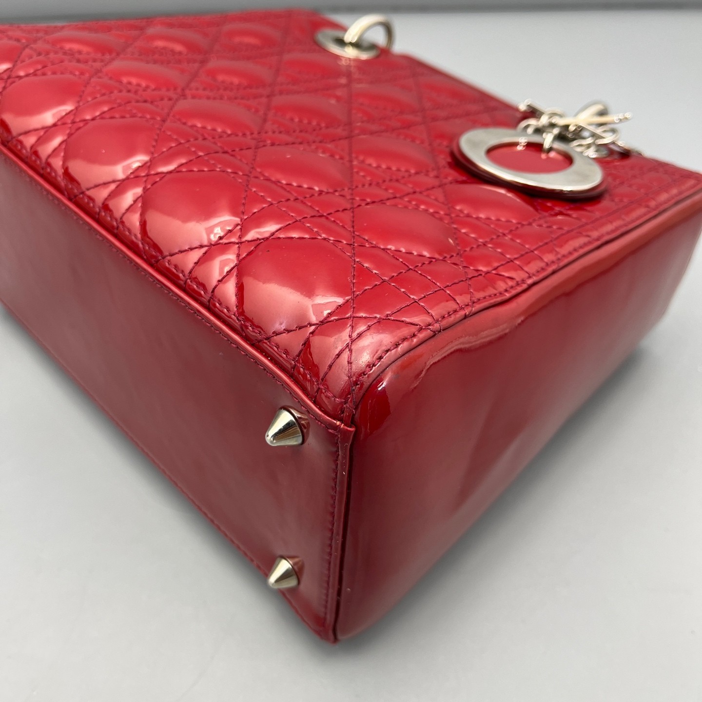 AUTH DIOR Lady Dior Medium Red Patent Leather Top Handle Bag.