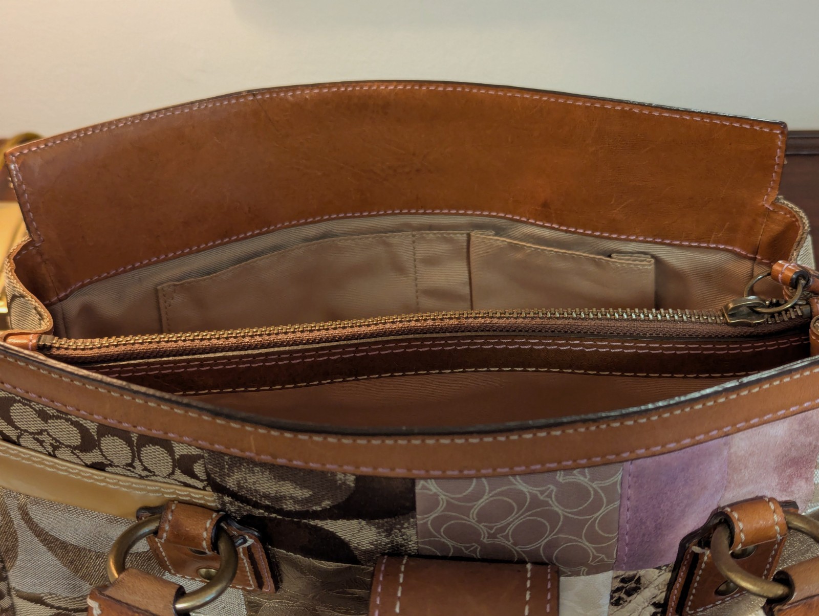 Vintage Coach Y2K Patchwork Whiskey Leather Satchel Tote Bag 10004