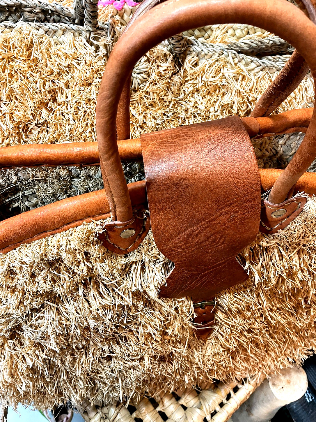 Handmade Moroccan Raffia Tote Bag with Brown Leather Handles, Straw Market bag