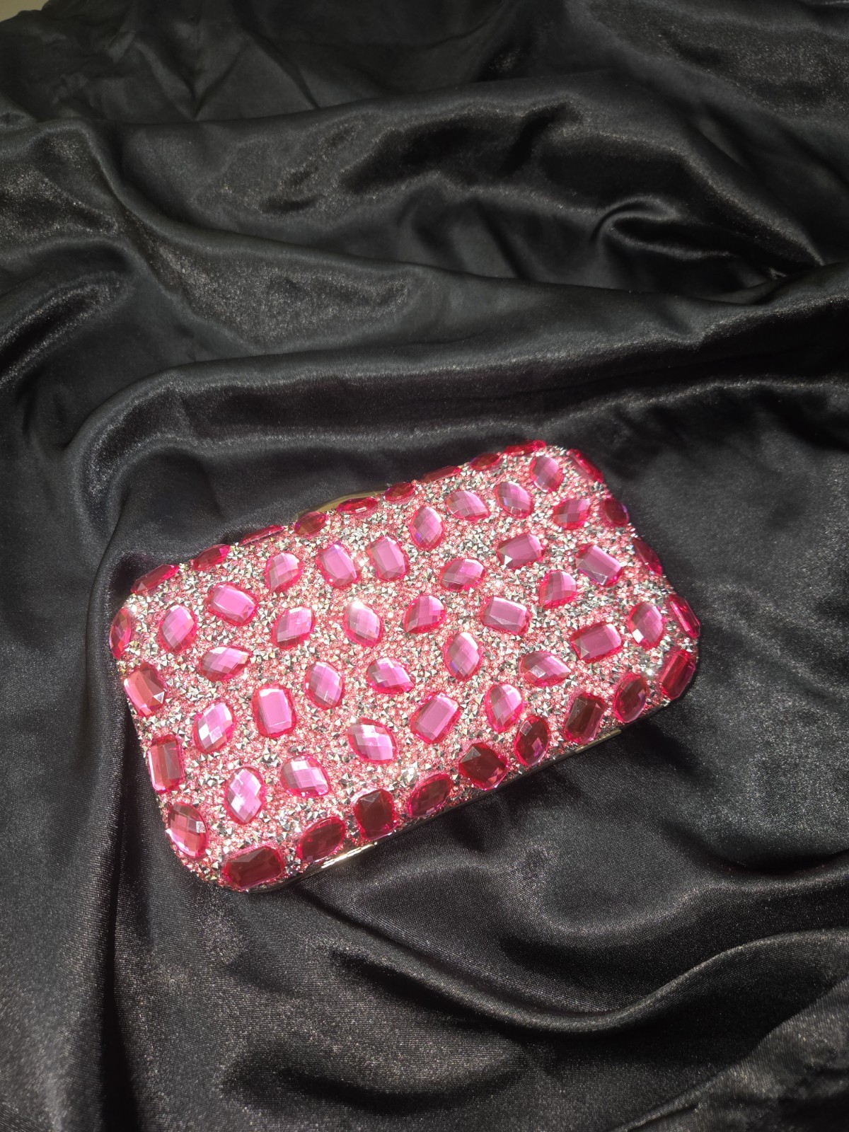 Pink Crystal Rhinestone Rectangle Clutch, Gold Chain Shoulder Strap, Clasp