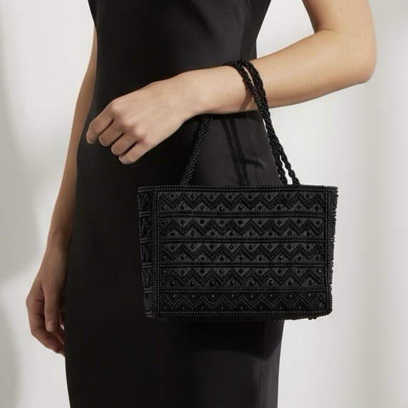 Vintage Valerie Stevens Y2K Black Beaded Silk Satin Mini Handbag Evening Bag