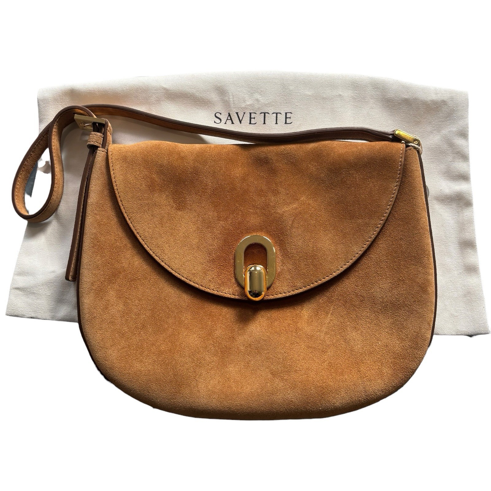 Savette Leather Saddle Shoulder Bag Tondo Suede Camel Brown RRP £1475 Genuine