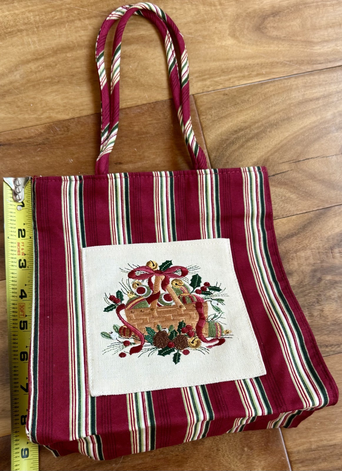 Longaberger 2005 Holiday Tote Bag Striped Embroidered Front Pocket