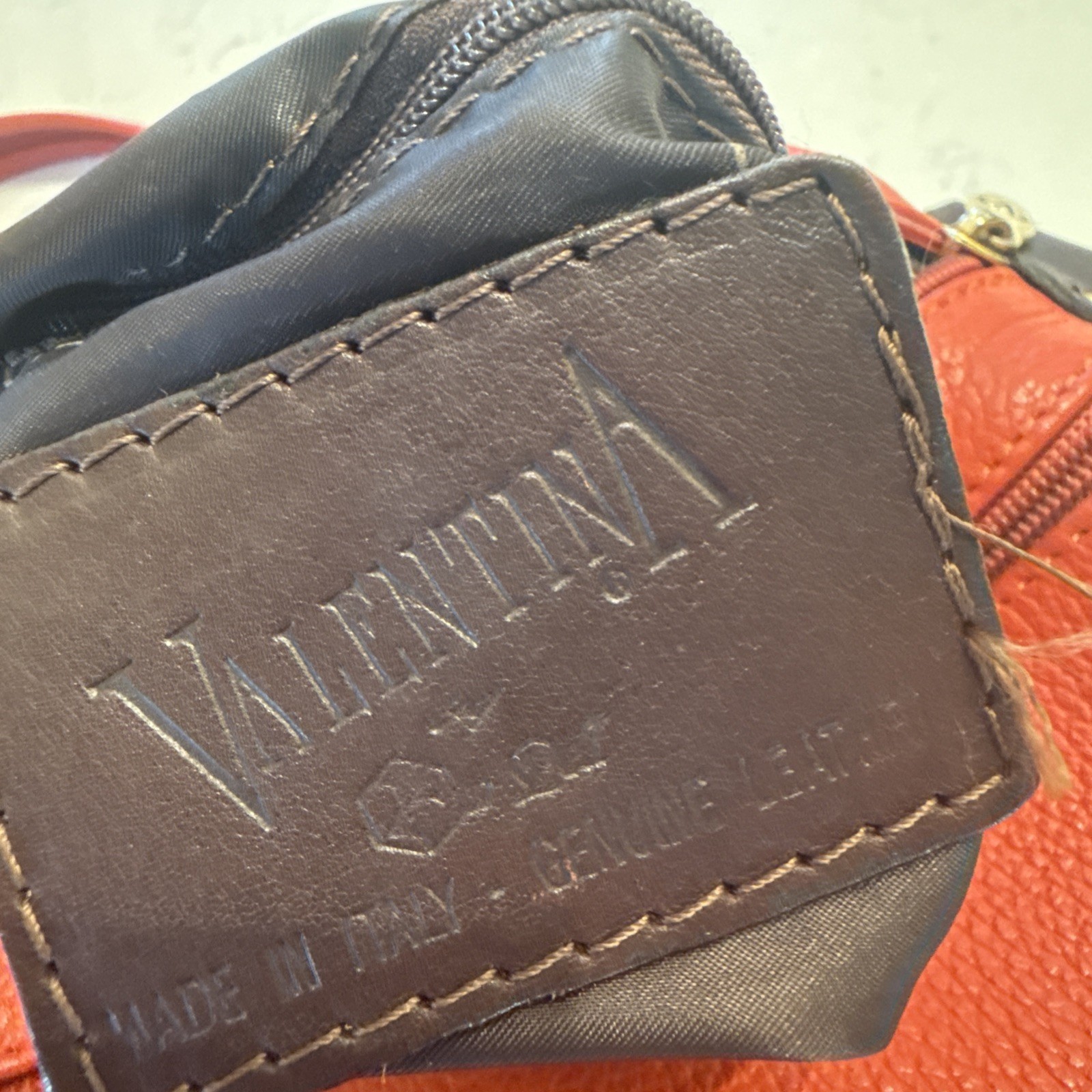 Valentina Italy Orange Pebbled Leather Sling Backpack Tan Trim Gold Hardware