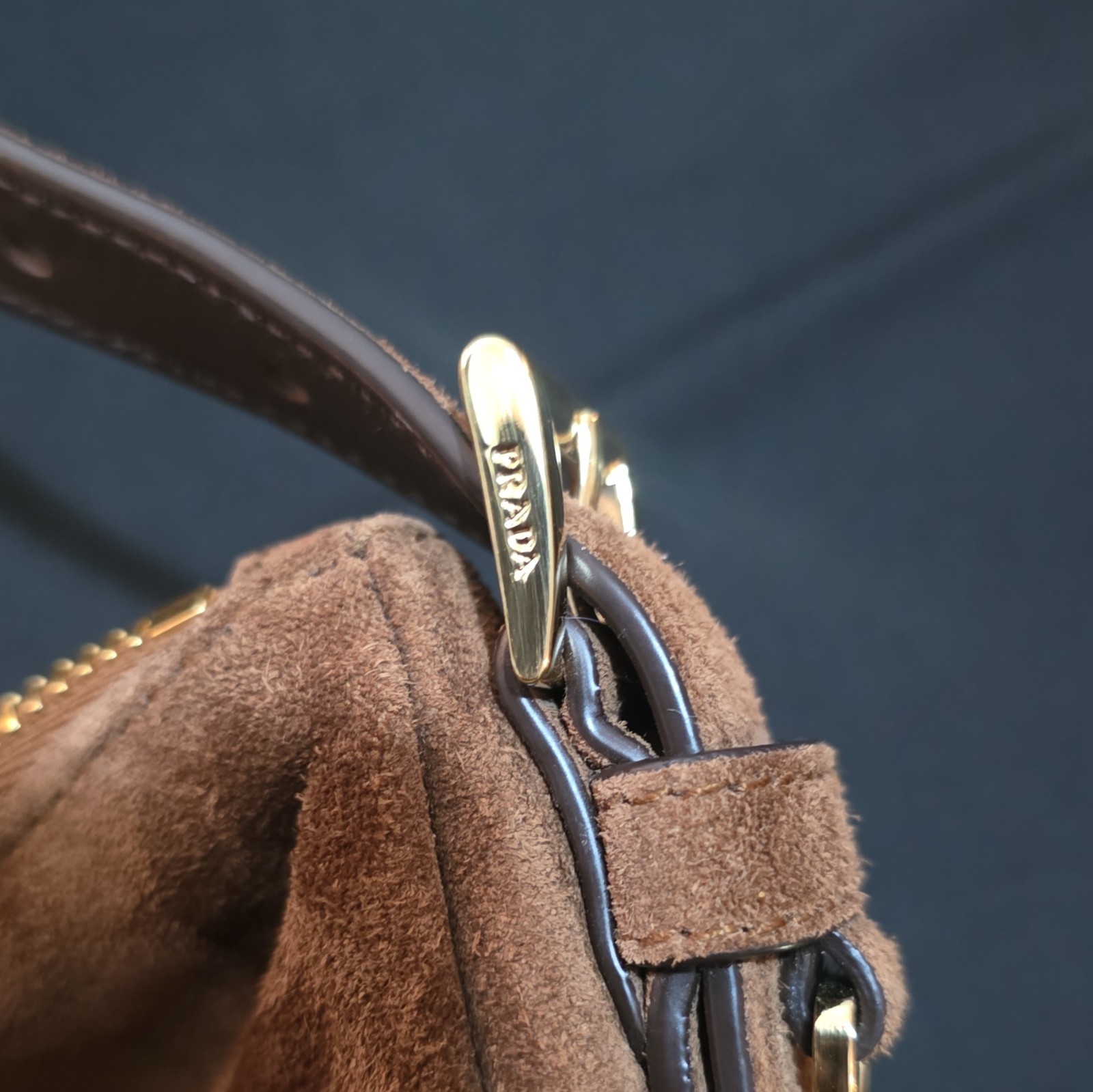 PRADA Brown Shoulder Bag Gold Hardware Zip Closure Inner Pockets Bag Charm