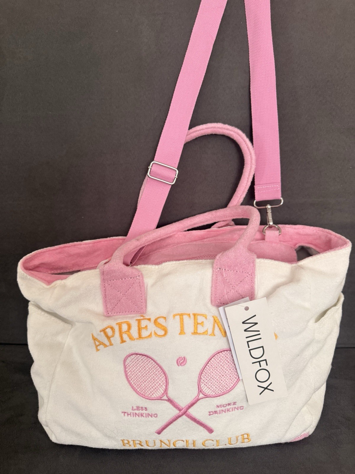 Apres Tennis Brunch Club Terry Cloth Tote Bag Pink Cream Embroidered Tennis