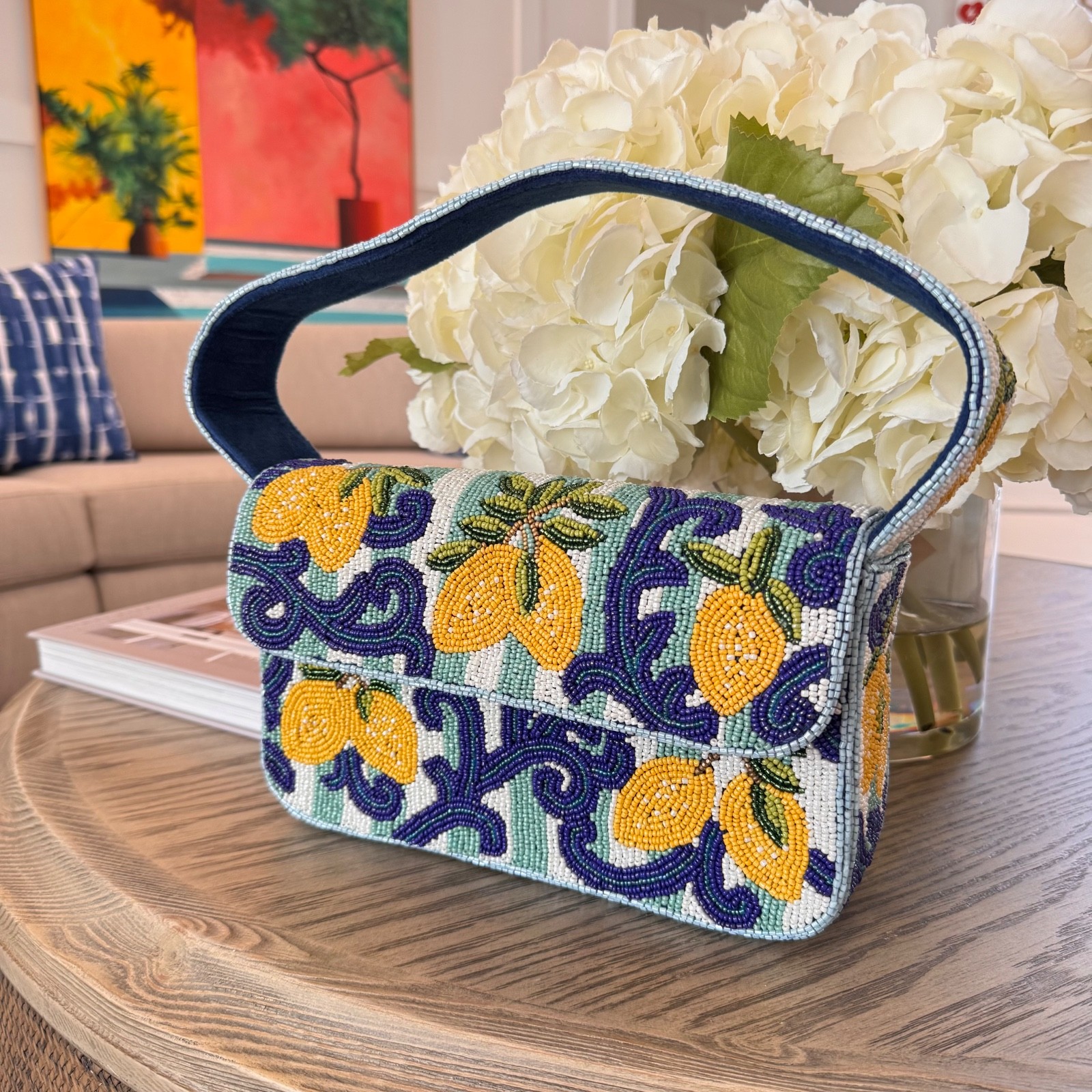 Hand Beaded Lemon Purse – Tropical Shoulder Bag – Colorful Fruit Design – Summer