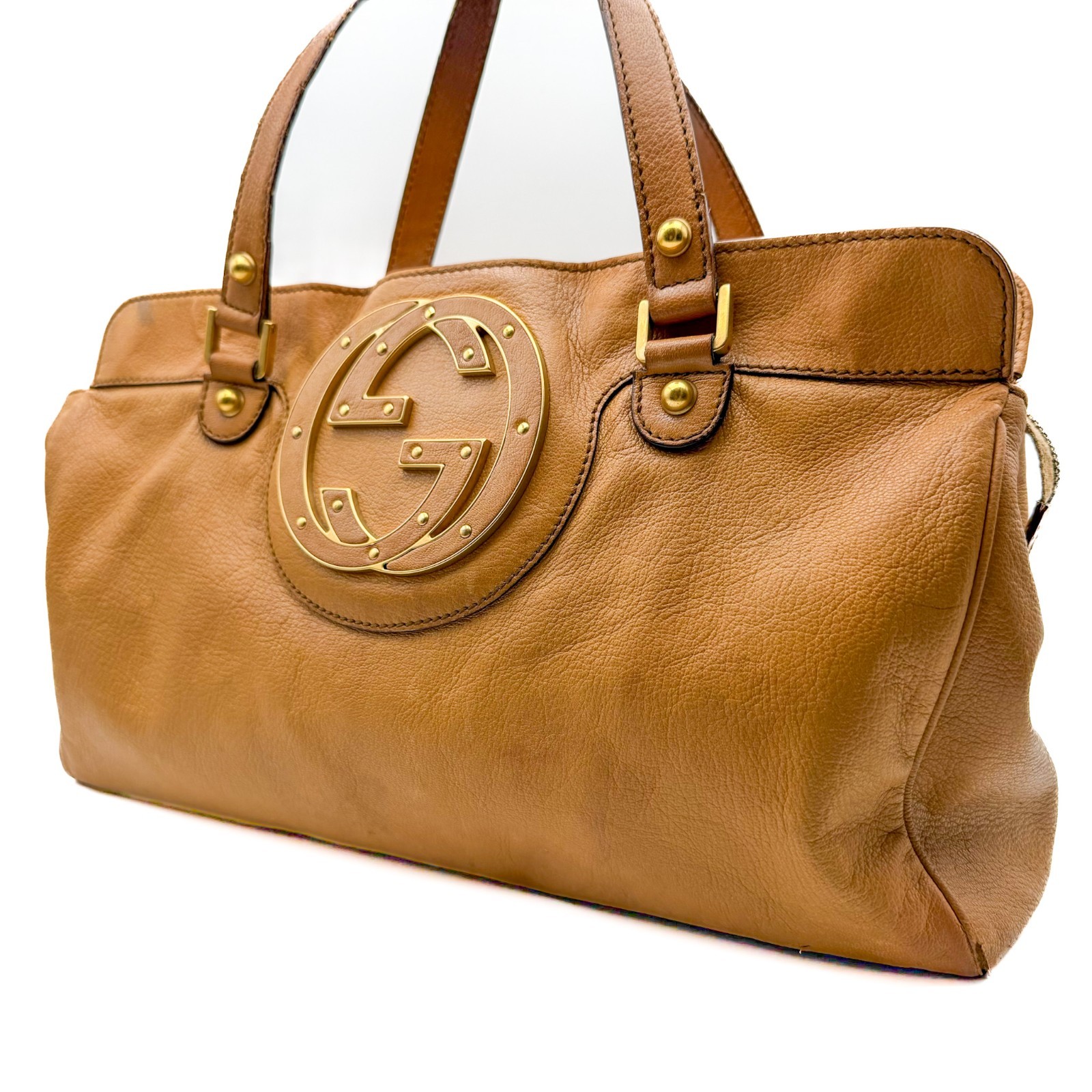 Gucci Interlocking G Blondie Studs Leather Hand Bag Beige Brown 121551 Authentic