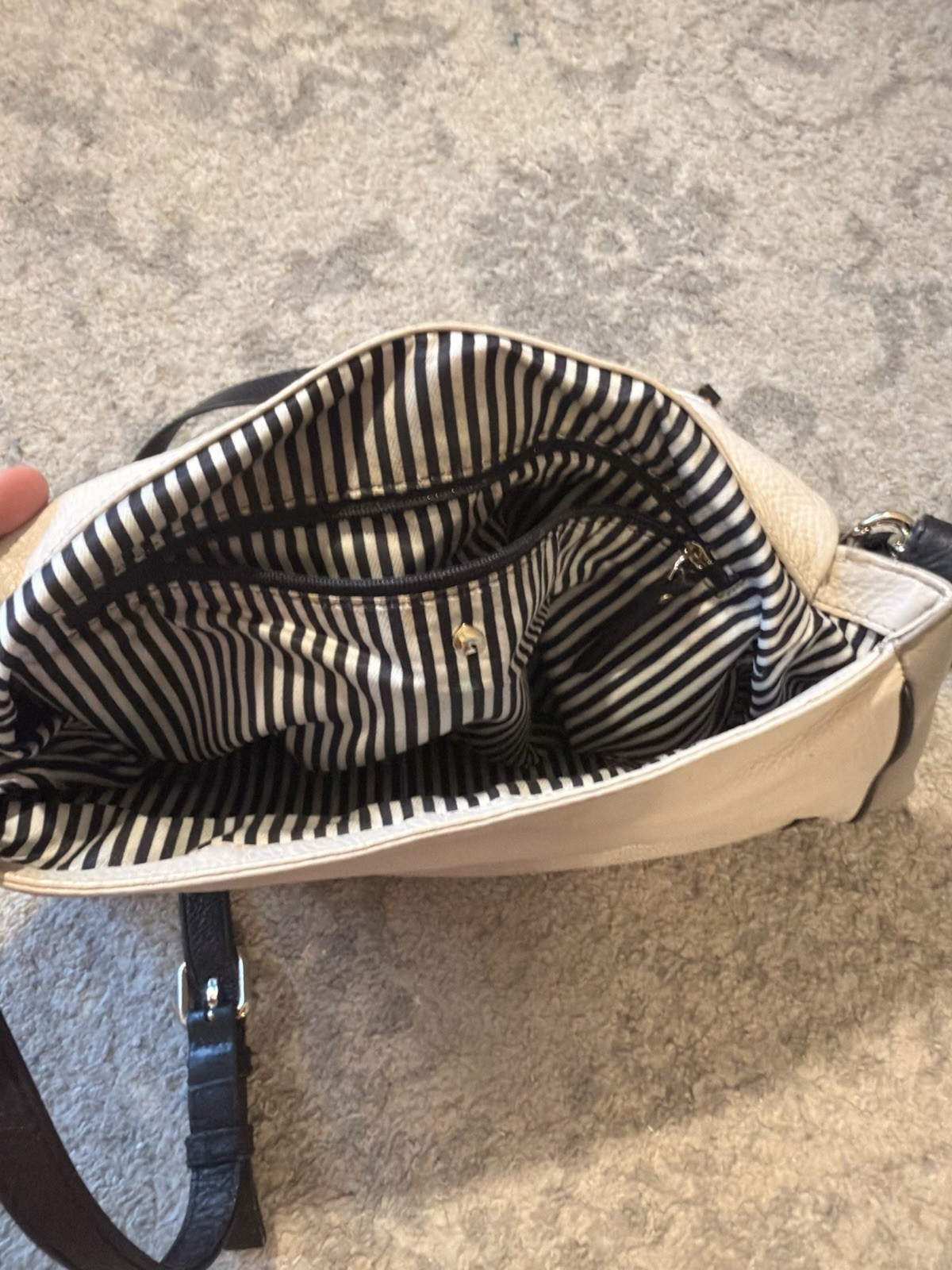 kate spade new york Medium Beige Pebbled Shoulder Bag Zip, Black Strap Striped