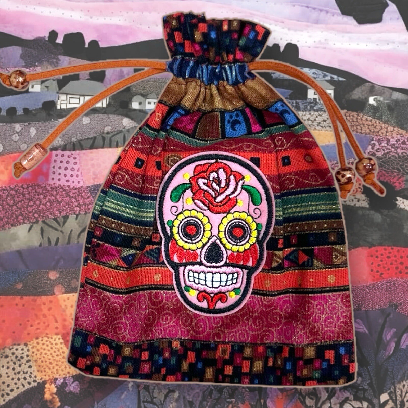 Boho Bag Mexican Sugar Skull Embroidered Patch Fabric Leather Drawstring