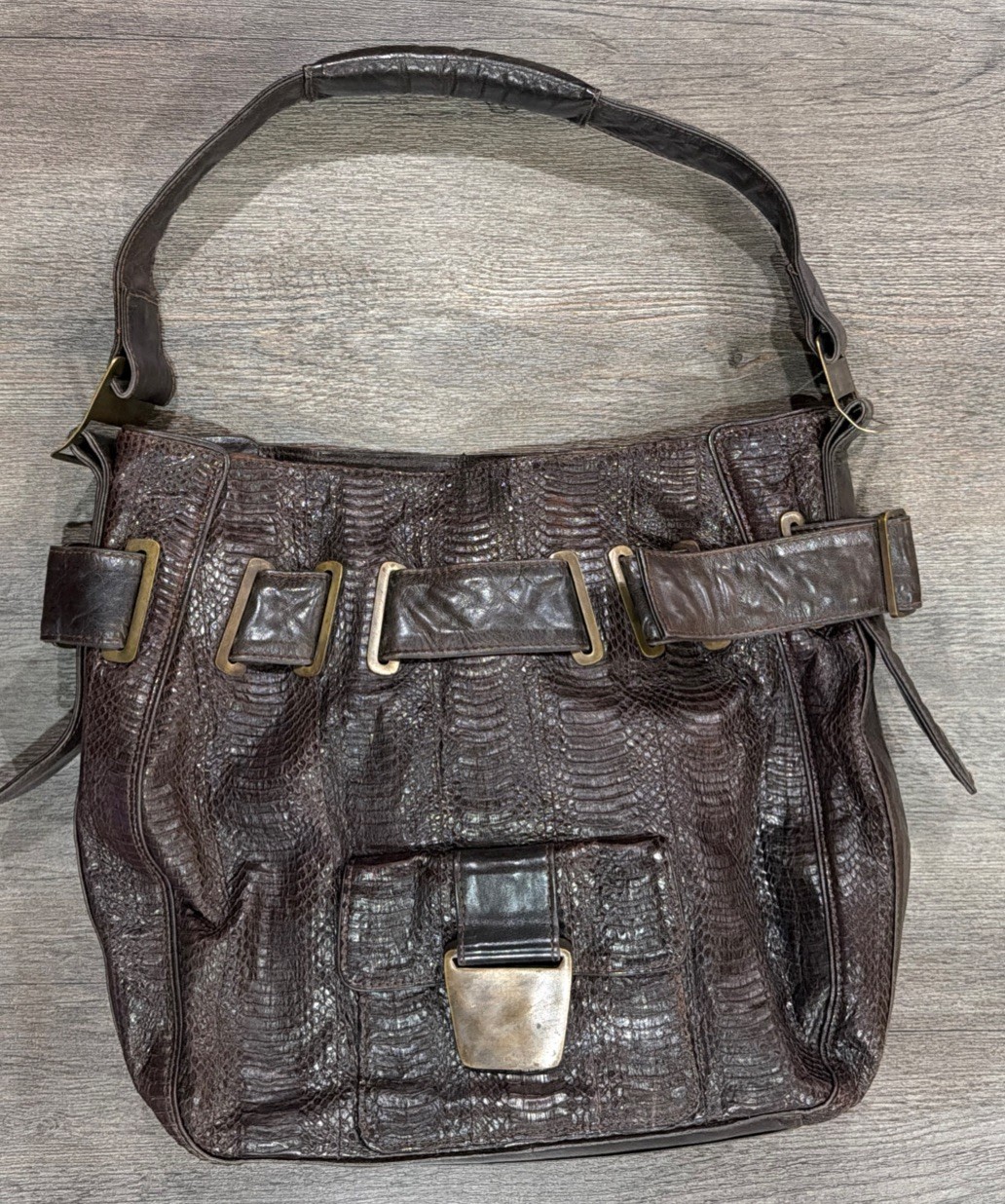 VTG R & Y Augousti Shoulder Bag Purse Brown Snake Embossed Leather Suede Lining
