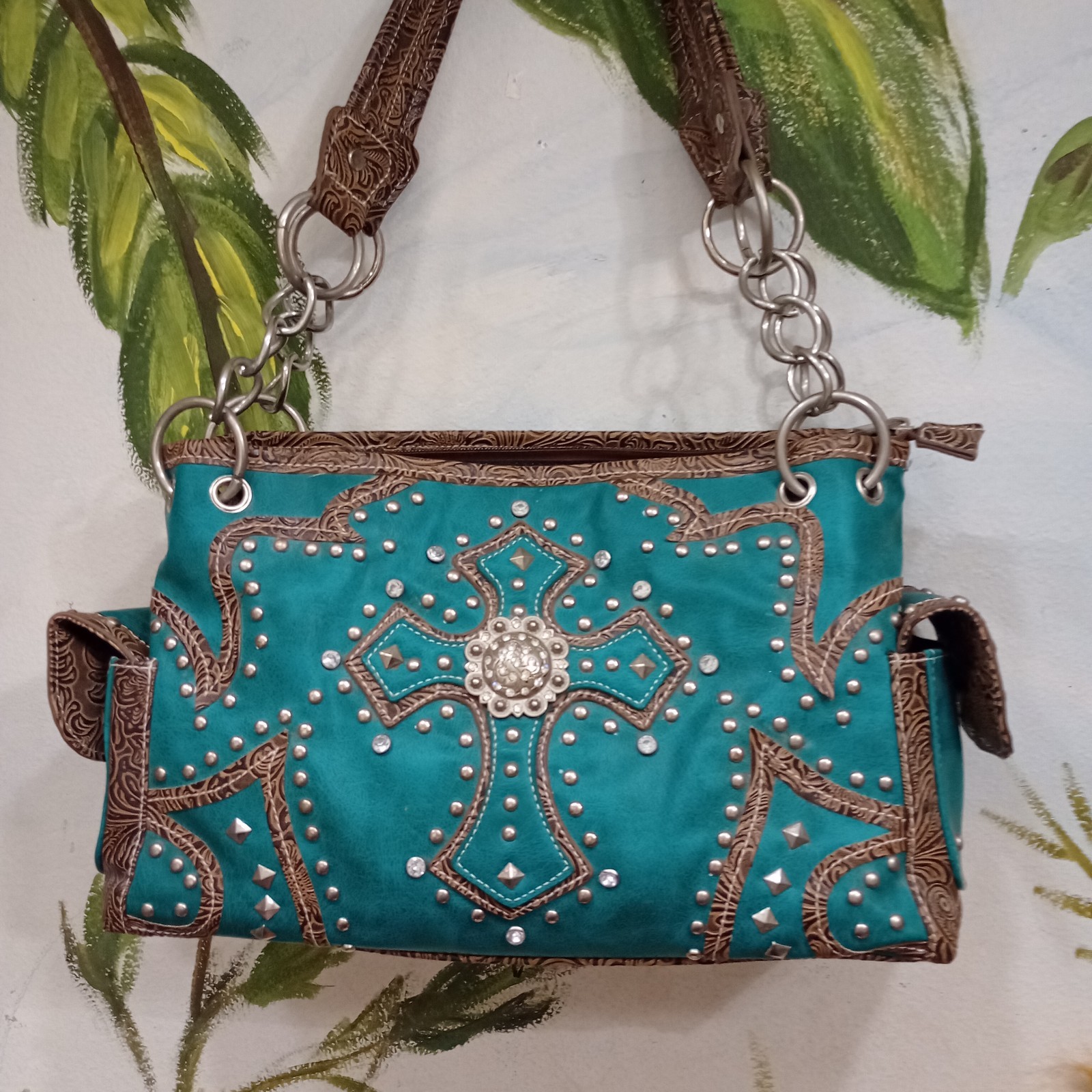 BHW Cowgirl Turquoise-Rhinestone-Cross- Shoulder Handbag with Decorative Wallet