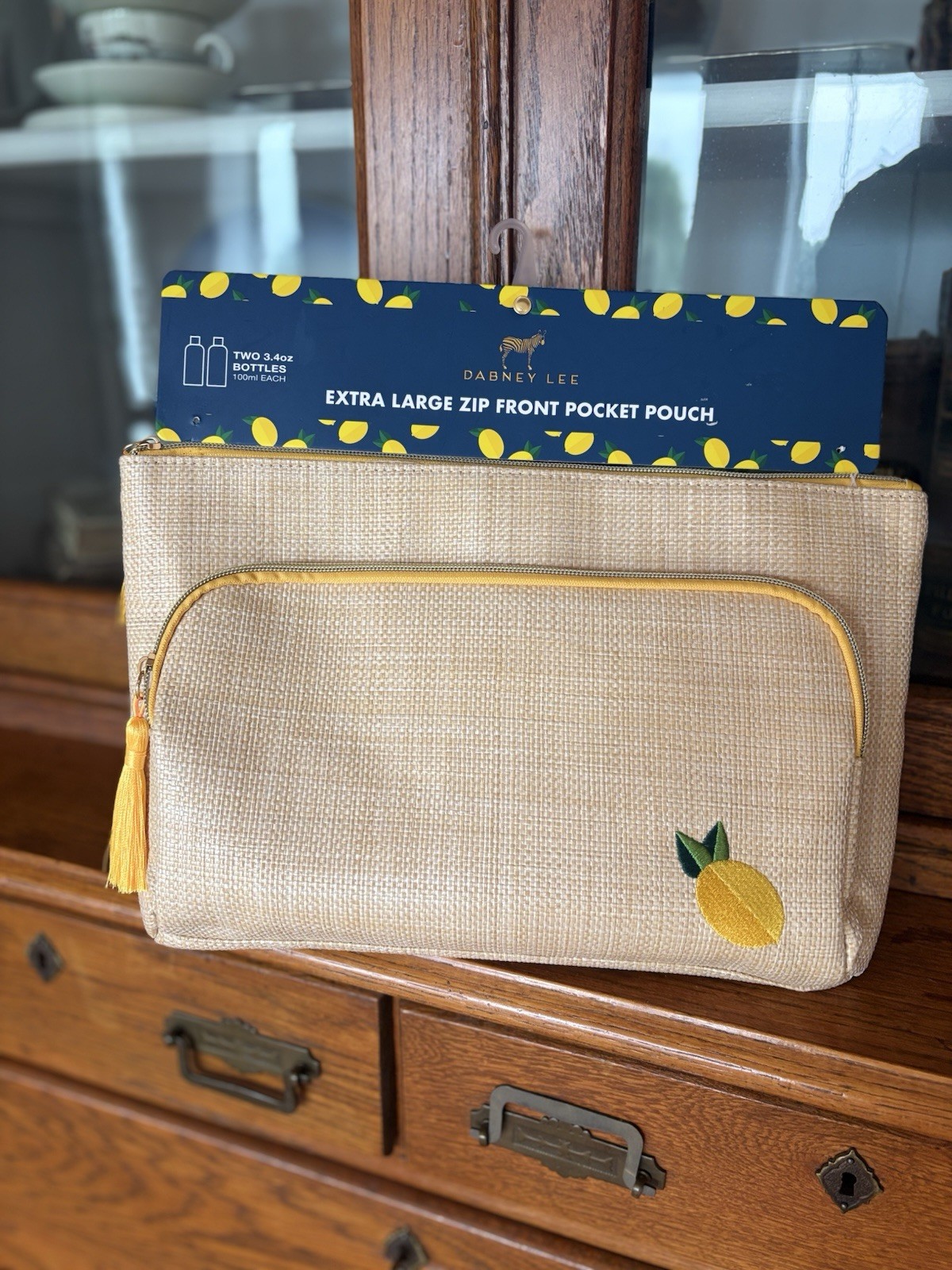NWT Dabney Lee Natural Looking Straw Pouch w Yellow Accents Embroidered Lemon