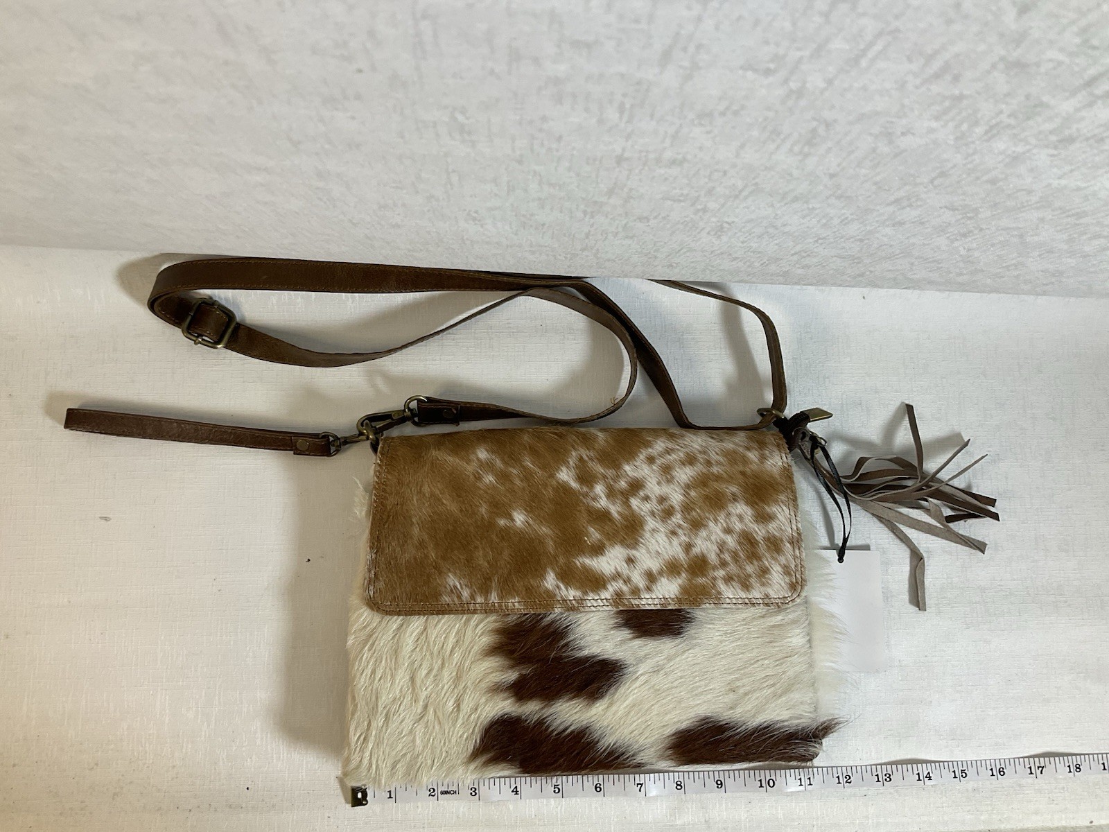 Brown/White Animal Print Crossbody Bag Fringe, Snap/Zip, Lined Inner Pockets