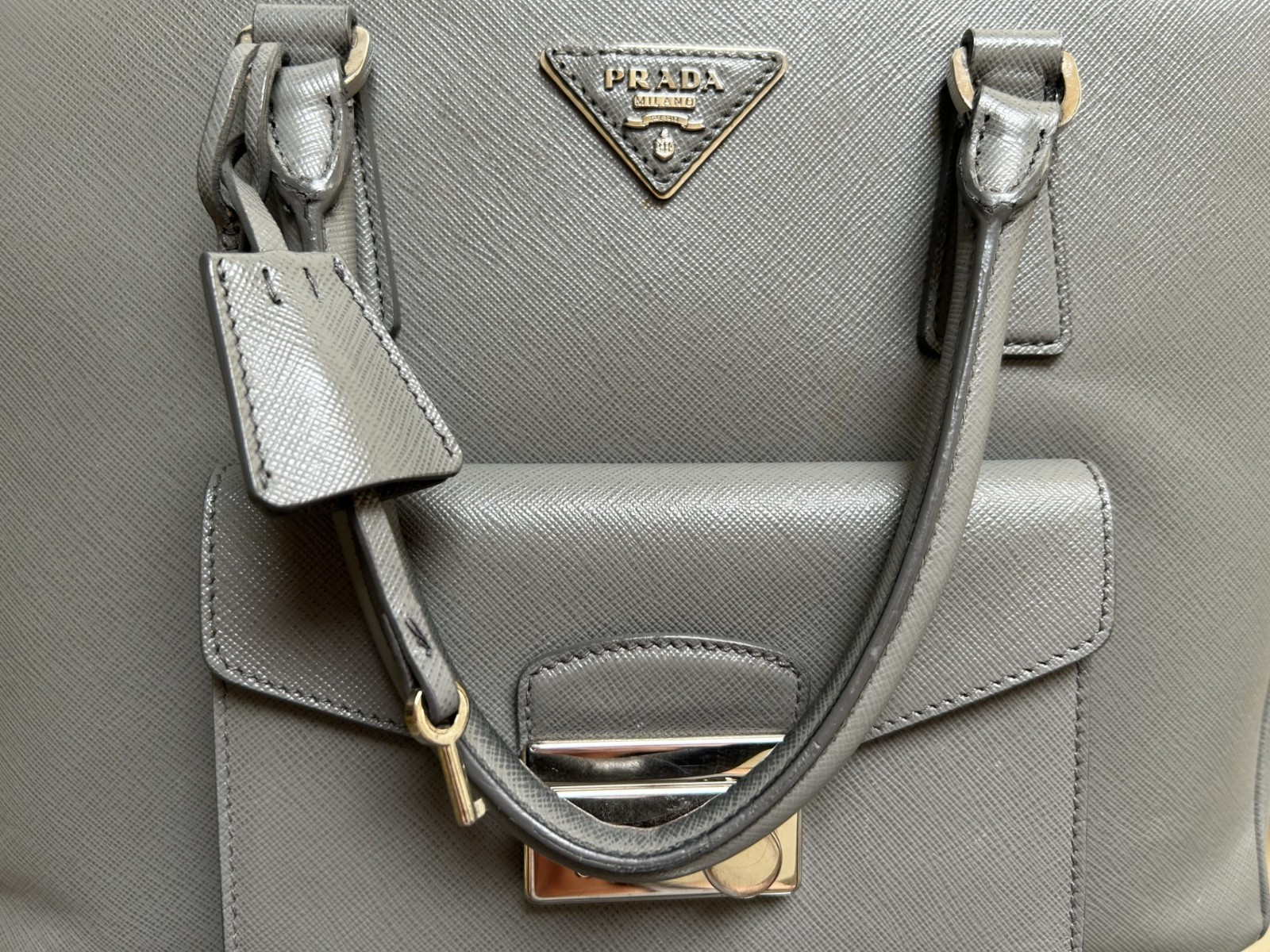 Authentic Prada w/Certificate Saffiano Leather Gray Medium Double Zip Tote