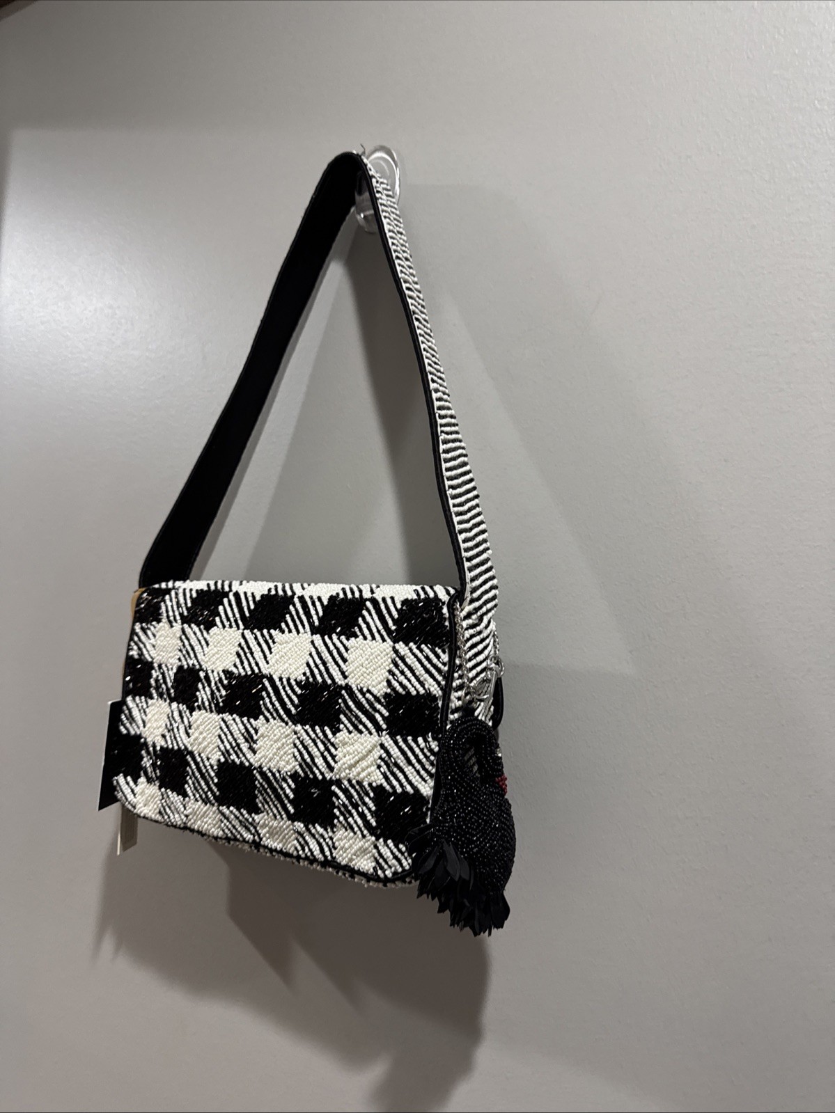 Viral From India Houndstooth Checked Black White Beaded Purse Swan Bag Charm NWT