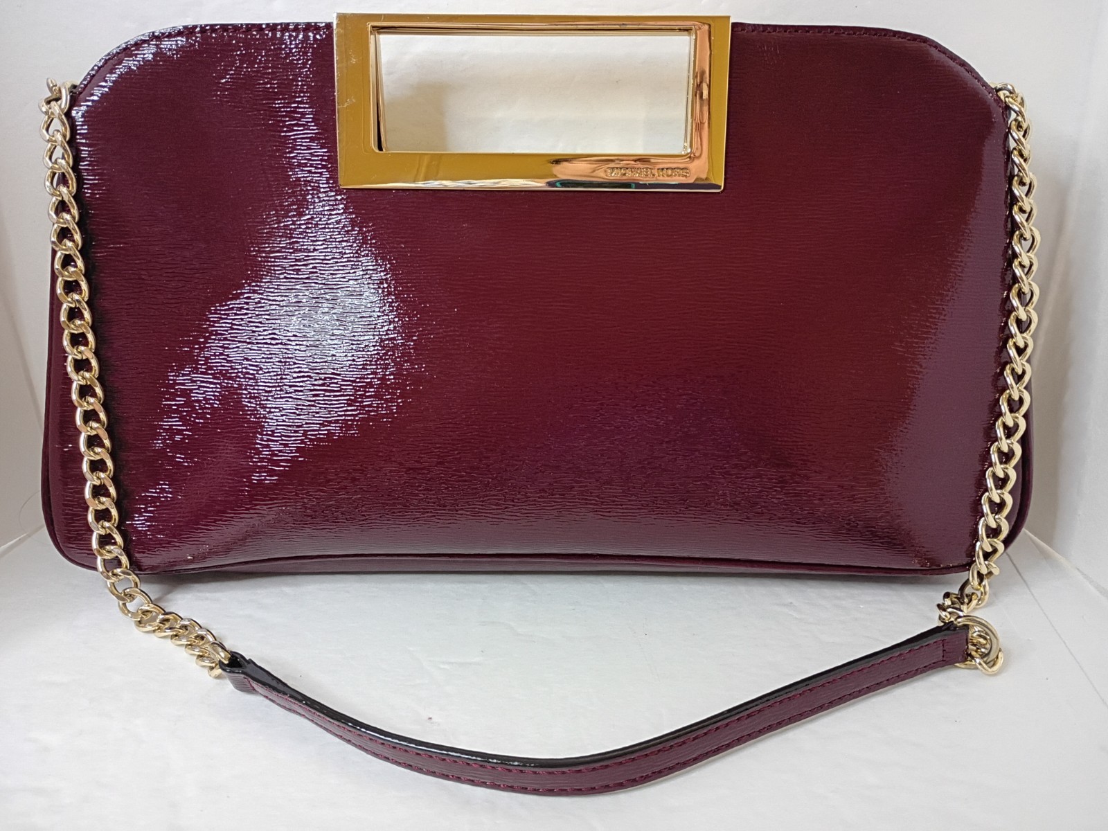 Michael Kors Berkley Large Clutch Claret Red Patent Leather Gold shldr Chain EUC