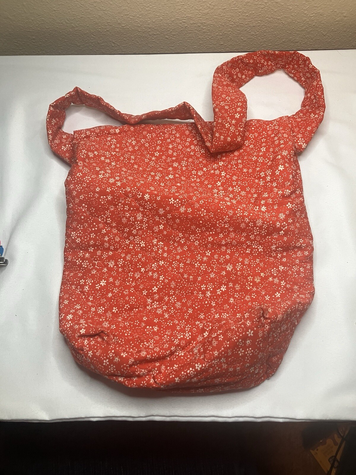 Unique Vintage 70s Homemade Cotton Hobo Bag Purse Red Flower Fabric