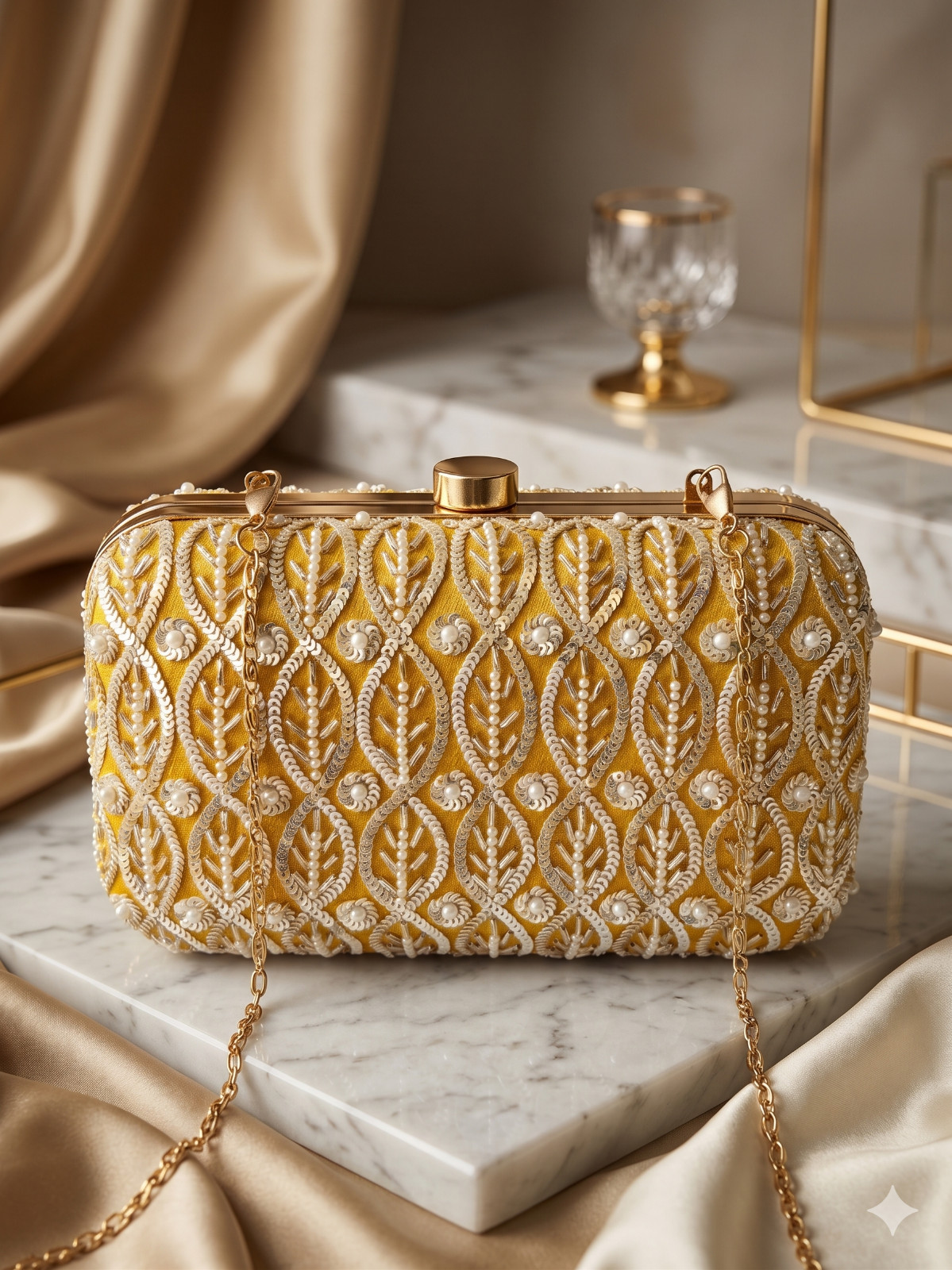 Pearl and Sequence Handwork Indian Bridal Clutch for Women Detachable Chain