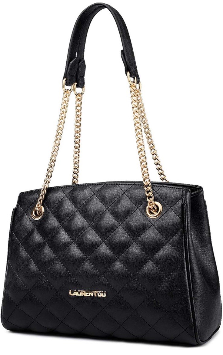 Quilted Genuine Cowhide Leather Office Work Chain Bag Black 10.5×4.5×7.5”