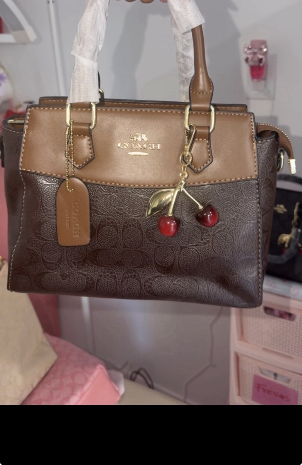 Coach Brown Logo Satchel Top Handle Bag Gold Hardware Cherry Bag Charm