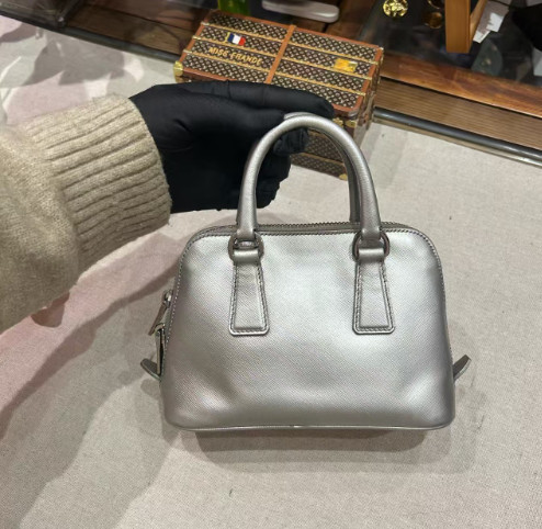 Prada Mini Saffiano Leather Bag Silver 18cm Gold Hardware AUTH USA