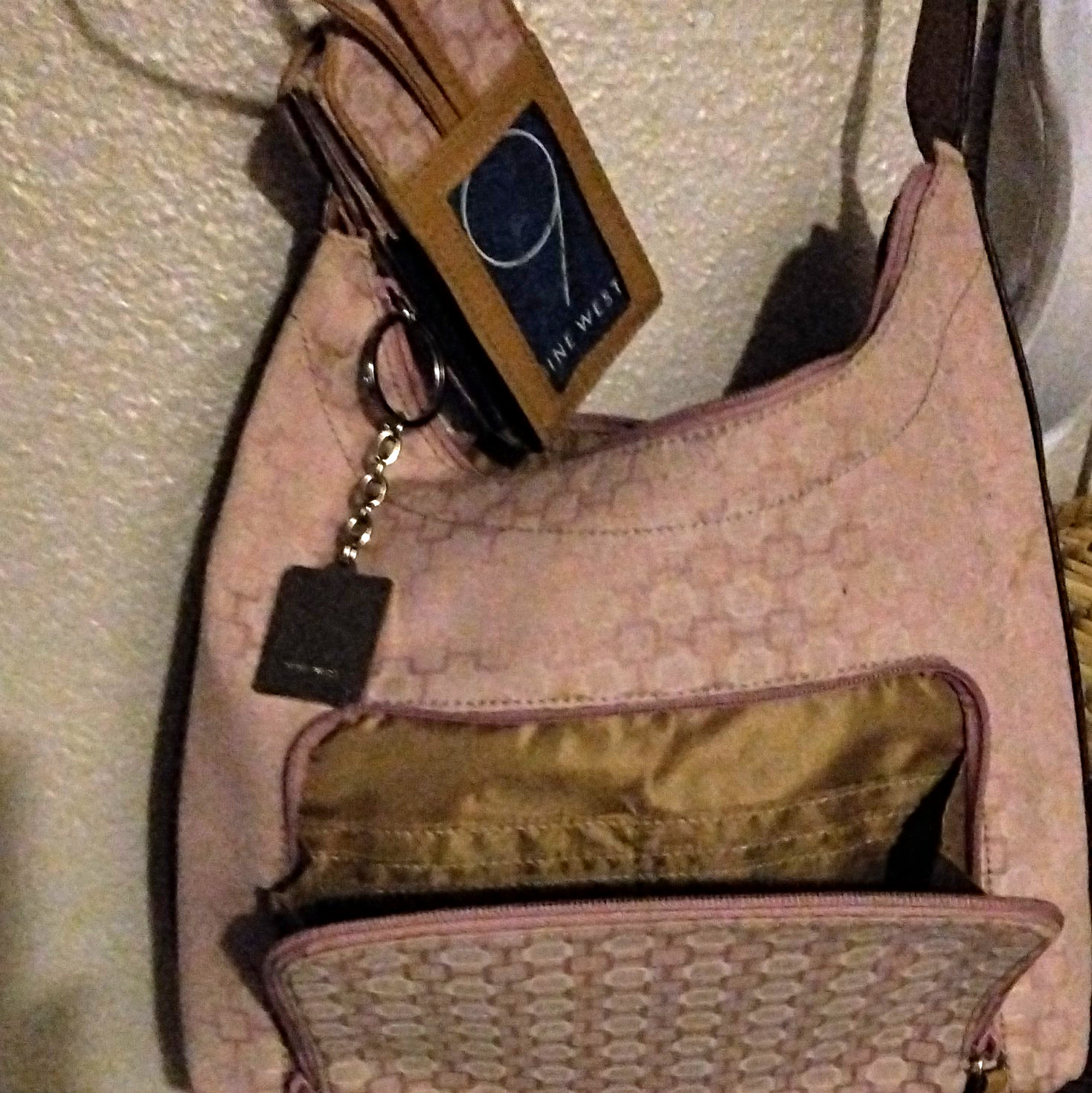Nine West Pink Logo Hobo Shoulder Bag, Zip Closure, Inner Pockets, Charm