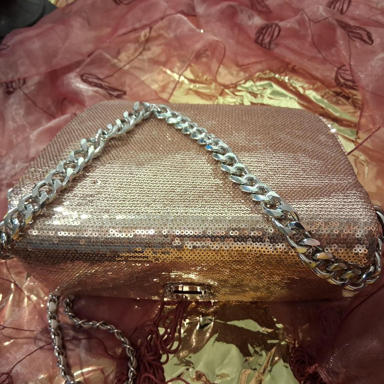Gold Sequin Clutch Shoulder Bag, Chain Strap, Turn-Lock Closure, Lined