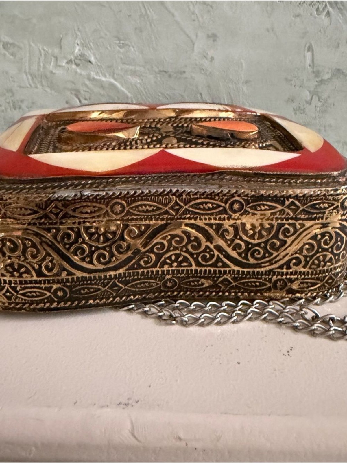 Moroccan Hammered Brass Mosaic Inlay Evening Bag Purse Boho Festival Artisan