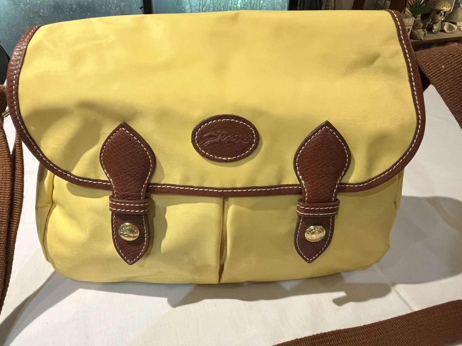 LONGCHAMP Yellow Nylon Brown Leather Trim Shoulder Messenger Crossbody Bag