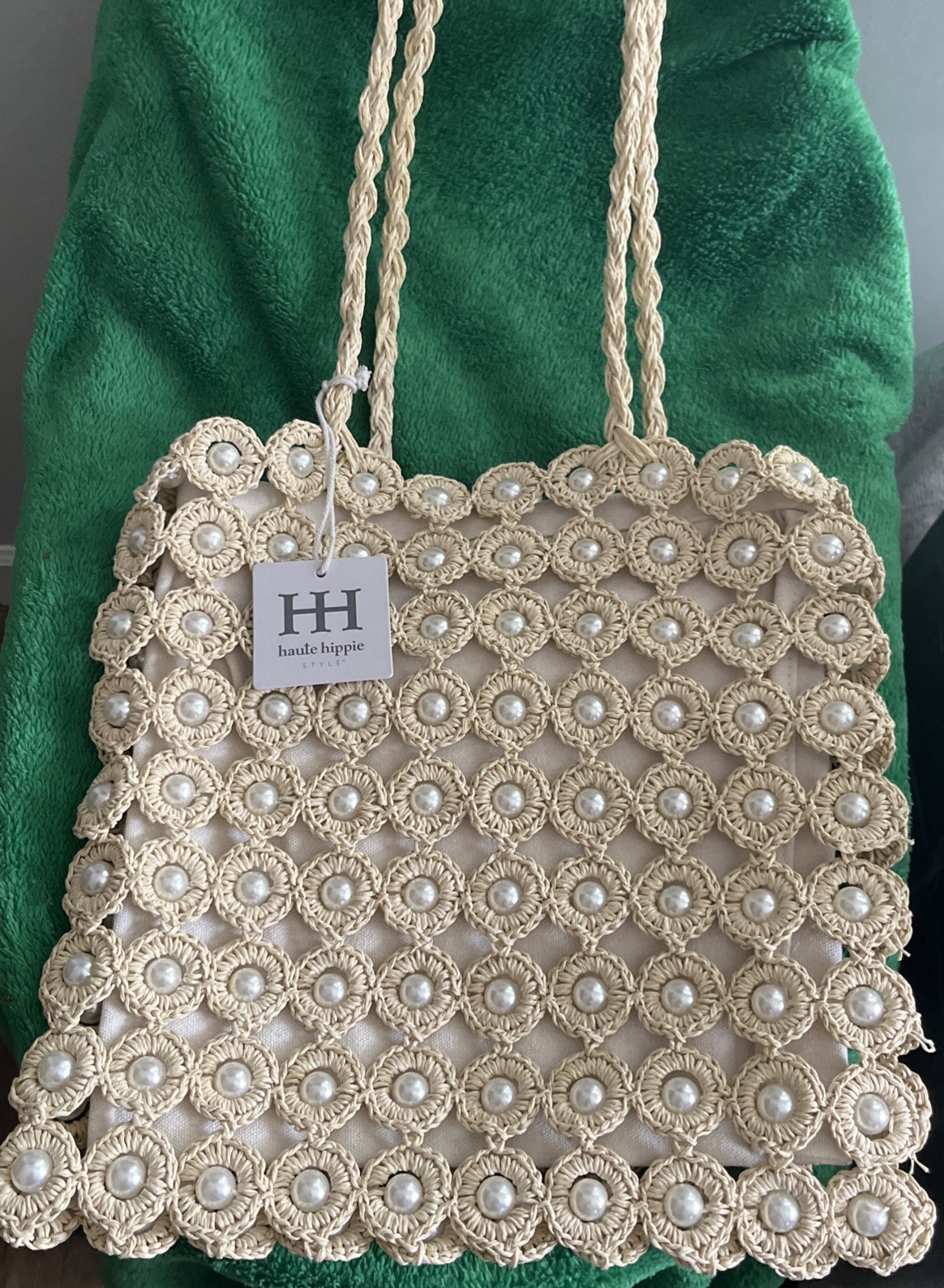 Haute Hippie Style Handwoven Double Handle Straw Raffia Pearl Embellished Tote