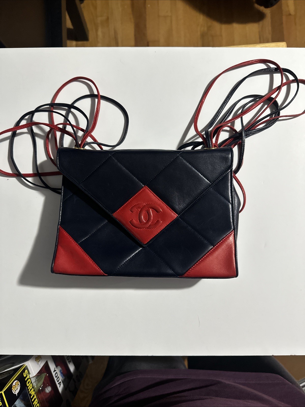 Auth CHANEL Lambskin CC Logo Matelasse Shoulder Dark Blue & Red Vintage
