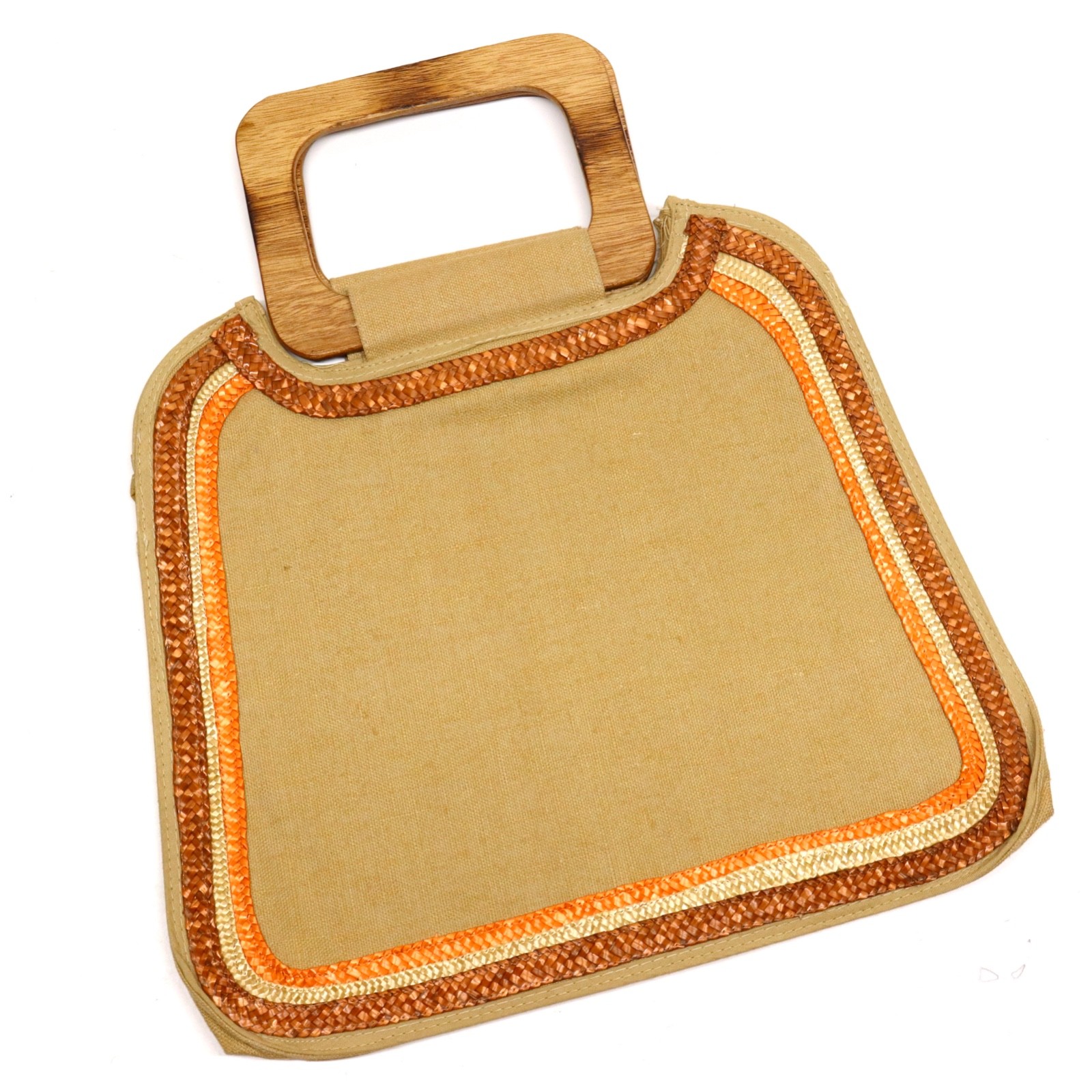 Vintage Bonnie International Canvas Purse Wicker Trim Tote Bag Wooden Handles