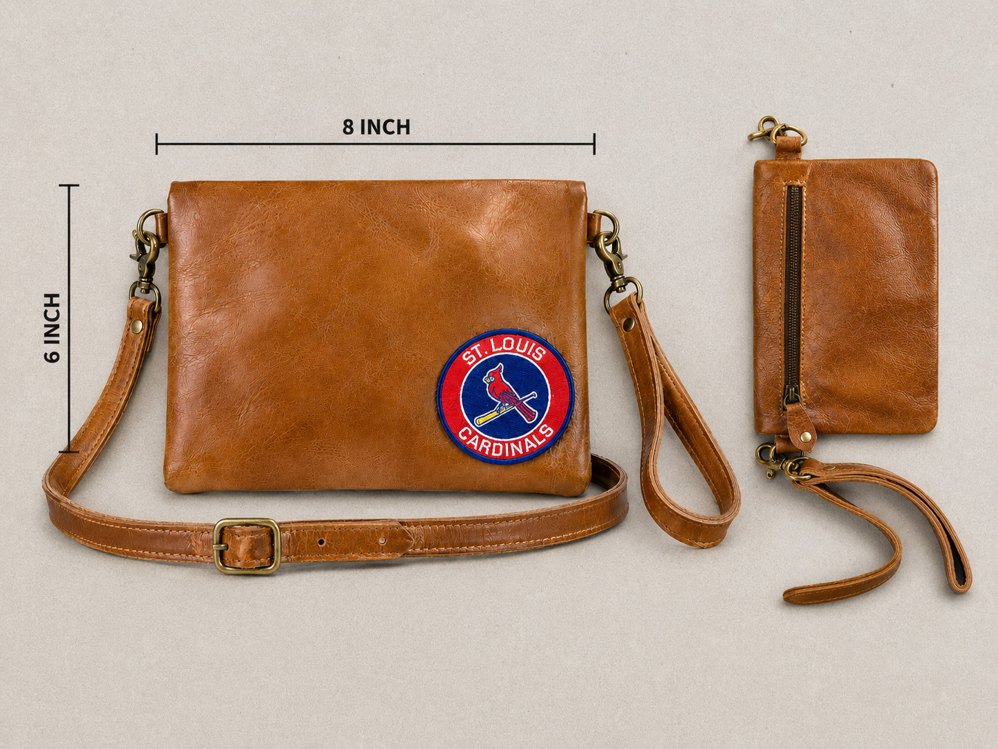 Vintage Style Baseball Team Patch Crossbody Bag Wristlet Wallet Purse Brown